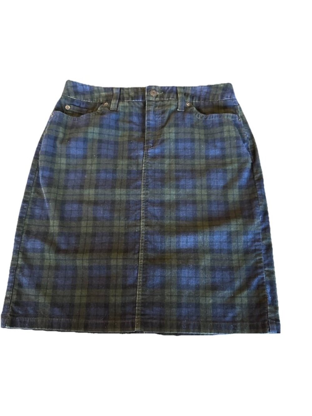 LL Bean Corduroy Skirt Womens 6P Blue Green Plaid Classic Fall Knee Length